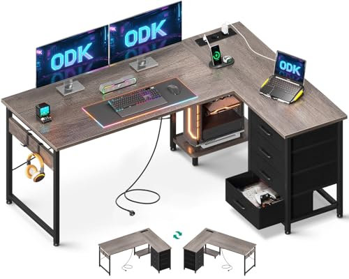 ODK Escritorio Esquinero con Cajones, Escritorio en L con Enchufes y Puerto de Carga USB, Escritorio Esquina Reversible con Almacenamiento para Oficina en Casa, Roble Gris, 135×100 cm