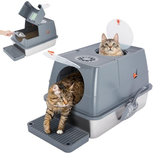 Ownpets Caja de arena cerrada de acero inoxidable para gatos con cara alta, bandeja grande de metal de 20 litros con tapa, fácil de limpiar, resistente al olor, con pala de arena