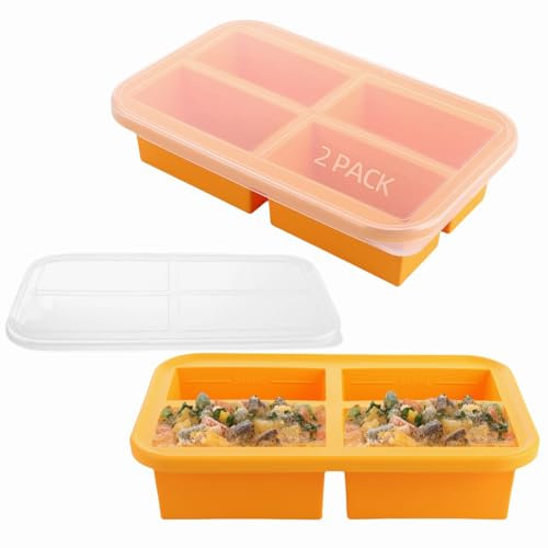 LDXDRU 2 Pack 1000ml Silicone Soup Freezer Trays with Lid, 4 Compartment Food Freezing Container, Large Ice Cube Mould Soup Freezer Containers for Soup Sauce Meal Prep Ice - 1 Cup (250ml), Orange
