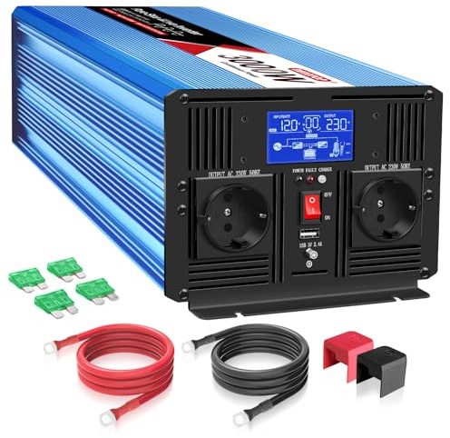 BENNTOP 3000W/6000W Wechselrichter 12V Auf 230V Reiner Sinus mit Netzvorrangschaltung,12V zu 230V Spannungswandler mit 2 AC Steckdose,30A-Ladefunktion für Auto,Wohnmobile,Camping