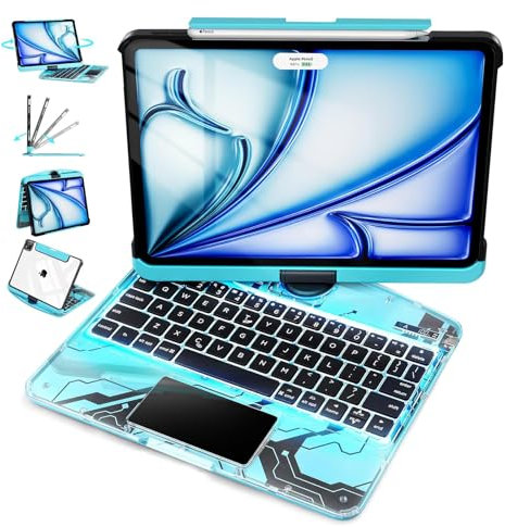 MAYDORHER for iPad 9th Generation Case with Keyboard, 360 Rotating Keyboard Case for iPad 9/8/7th Gen 10.2 Inch, Cyberpunk High-tech Style with Pressure Reduction Sound Effect, Transparent Blue
