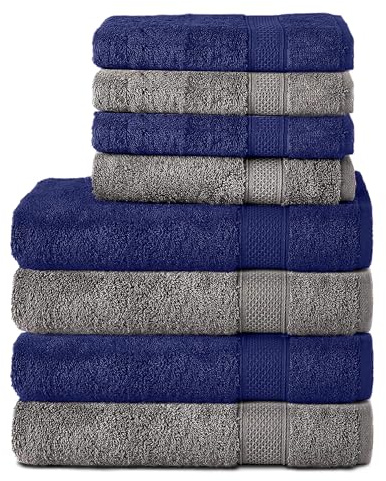 Komfortec Handtuch Set 8 Teilig aus 100% Baumwolle, Anthrazit/Navyblau | 4 Badetücher 70x140 cm, 4 Handtücher 50x100 cm, Frottee, Flauschig und Saugstark