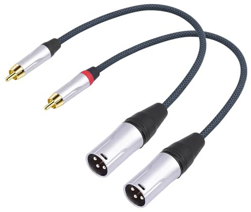 HUALEU 1FT RCA Male to 3Pin XLR Male Audio Cable,Balance XLR to RCA Unbalanced Mixer Audio Cable,24K Gold-Plated Plug/Heavy-Duty zinc Alloy Shell/Braided Shielded Cable-2 Pack