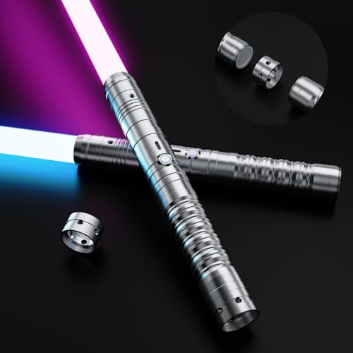 KYWLCO Laserschwert Kinder,RGB 15 Farben 2 in 1 Metallgriff Lichtschwert,Duell Lightsaber mit 4 Modi,USB-C Wiederaufladbar FX-Lichtschwerter für Kinder und Erwachsene, Halloween Cosplay (Silber 2pc)