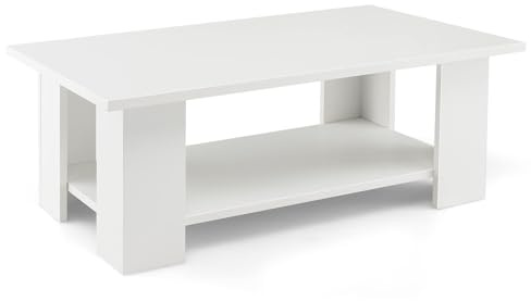 COSTWAY 2-Tier Coffee Table, Wooden Cocktail Tea Center Table with Storage Shelf and 5 Support Legs, Modern Rectangle Accent End Sofa Side Tables for Living Room Bedroom Office (White, 90x52x40cm)