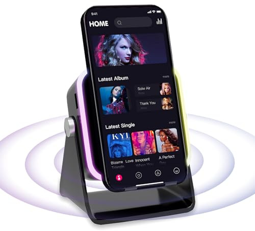 Wireless Induction Speaker 5-in-1 Bluetooth Speaker with Phone Holder, Surround Sound, 3500mAh, 8 RGB Ambient Lights, 360° Adjustable Stand, Holder for iPhone/Android/iPad Gifts for Men Women (Black)