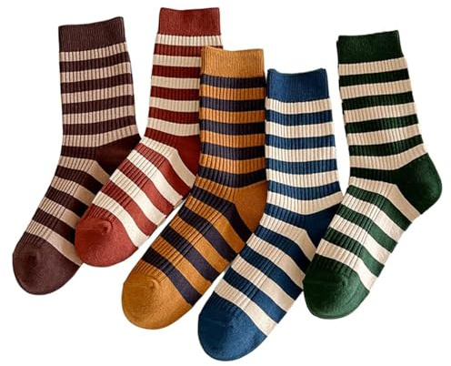 BelleFlair 5 Pairs Cute Crew Socks for Women,UK Size 3-5, Retro Style Colorful Striped Athletic Socks, Fun Fashion Vintage Cotton Sock Gifts for Ladies Daily Wear