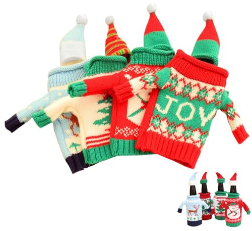 Gcroet Christmas Wine Bottle Cover 4PCS Knitted Elastic Wine Bottle Sweater with Hat Cute Snowman Elk Xmas Tree Pattern Christmas Covers for Table Decor