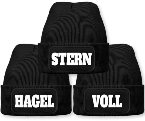 Stern Hagel Voll – lustige Wintermützen im 3er Set | Beanie für Damen & Herren, warm, elastisch & Unisex, Strickmütze mit Patch & Druck, perfekt für Après-Ski, Weihnachtsmarkt & Fasching