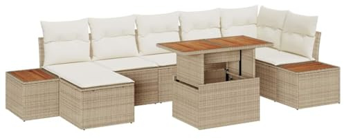 Bucmath Garten-Sofa-Set mit Speicher 8-teilig Beige Poly Rattan, Modular Outdoor Möbel Lounge mit Kissenbox, Wetterfestes Terrassenmöbel für 6 Personen, Moderne Gartenlounge