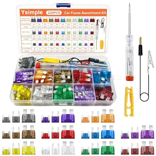 Ysimple 220 Stk Kfz Sicherungen Set,Auto Sicherungen 2A-40A mit Stromprüfer | Wasserdicht Flachsicherungen Kfz mit Teststift und Sicherungszieher, Standard/Mini/Micro, für Pkw Wohnmobil LKW Motorrad