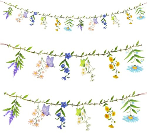 Girlande Frühling,Wildblume Deko Banner,Frühlingsdeko Zum Aufhängen,Doppelseitiges Muster Schmetterling Blumengirlande für Mädchen Raumdekoration Geburtstage Gartenparty Hochzeit