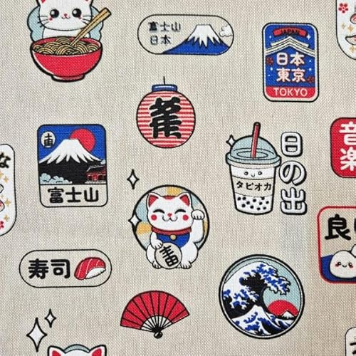 Stoff Meterware zum nähen Nippon Japan Kawaii Stoff – Maneki Neko & Japan Motive – Baumwoll-Mischgewebe – Pflegeleicht & atmungsaktiv – Stoff für Kleidung, Taschen, Kissen, Patchwork & DIY