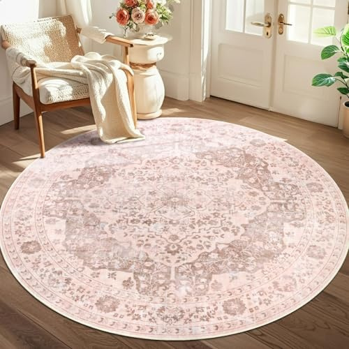 TUKDAK Vintage Teppich Wohnzimmer Rund 120cm, Rosa rutschfest Waschbarer Runder Teppich Schlafzimmer, Boho Kurzflor Rund Teppiche, Weich Kinderteppich für Kinderzimmer
