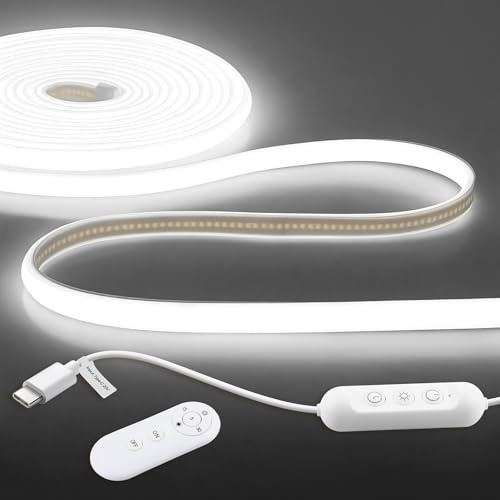 ALITOVE Type-C COB LED Streifen Aussenbereich 5M Kaltweiß IR Fernbedienung | Lichtband LED Selbstklebend, Wasserdicht, Dimmbar, 320LEDs/m, für Wohnmobil Camping Büro Spiegel Heimwerker, Ohne Adapter