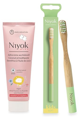 Niyok Kinderzahnpflege Set Kinderzahnpasta & Bambuszahnbürste Extra Soft | Fluoridfreie Kinderzahnpasta mit Erdbeere & Himbeere sowie Bambuszahnbürste mit extra weichen Borsten für Kinder