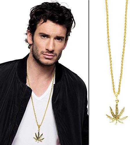 NET TOYS Cannabis Kette Halskette Hanfblatt Gold Goldkettchen mit Hanf Anhänger Rapper Schmuckkette Gangster