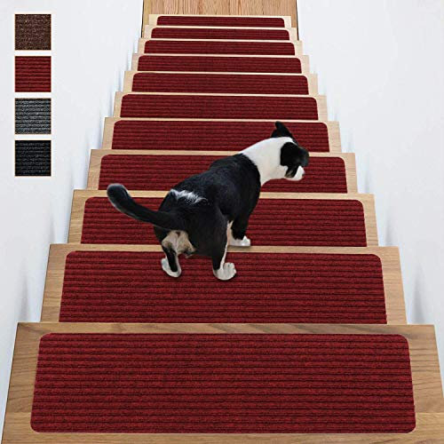 Stufenmatten Anti-Rutsch Teppich Indoor Set von 14 Teppich-Stufenmatten Stufenmatten Stufenmatten Matten Gummirücken (76,2 x 20,3 cm), (dunkelrot, 14 Stück)