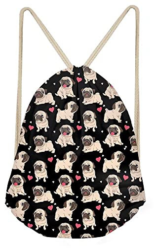 chaqlin Rucksack mit Kordelzug, Mops-Motiv, süßer Kordelzug, für Kinder, Mädchen, Schule, Reisen, Strand, Einkaufen, Picknick, Schwarz