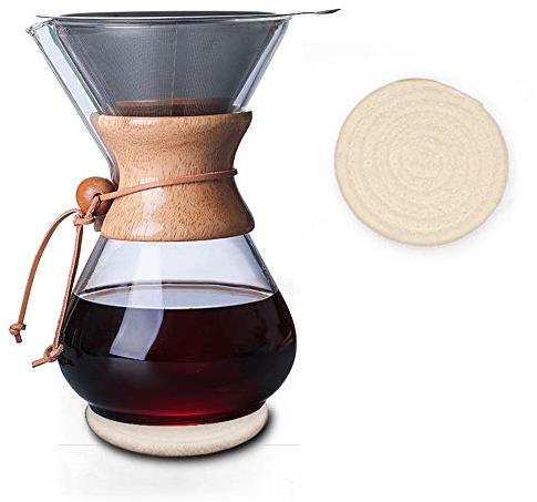 QLESHINING Wood Neck Pour Over Coffee Maker with Reusable Stainless Steel Filter and Coaster Pad, 800 ml Borosilicate Glass Coffee Carafe, Wooden Collar, Coffee Dripper Brewer, Hold 4 Cups