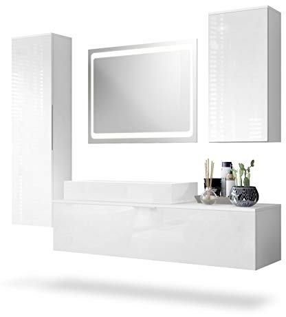 Vladon Badmöbel Komplettset Beach, Made in Germany, Korpus in Weiß matt/Fronten in Weiß Hochglanz, mit LED Spiegel und Aufsatzwaschbecken