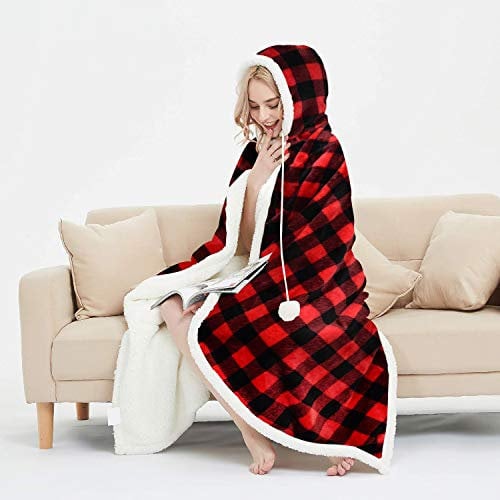 EHC Check Design Super Soft Warm Sherpa Fleece Wearable Hooded Blanket Throw -130 x 180 cm, Red & Black