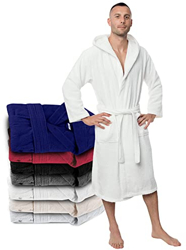 Twinzen Bademantel Herren - XXXL - Weiß - 100% Baumwolle (350g/m²) OEKO-TEX® Zertifiziert - Bademantel mit Kapuze, 2 Taschen, Gürtel