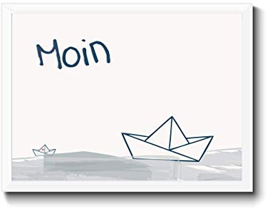 Bild Poster Moin Druck, Typografie, Hand Lettering, Querformat, Segelboot Papierboot maritim, norddeutscher Charm, grau-blau-weiß, Personalisierung