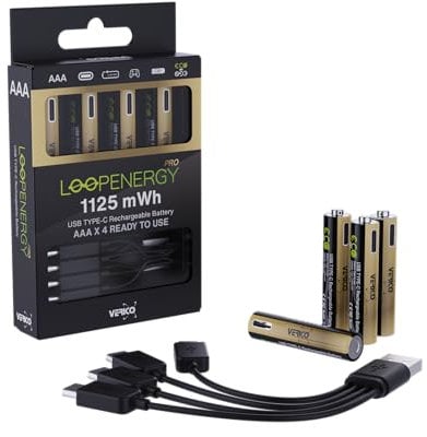 VERICO LoopEnergy Pro AAA 1125 Lot de 4 piles rechargeables USB-C AAA 1,5 V 1125 mWh (750 mAh) Li-ion Charge rapide via port USB-C en environ 2 h Lot de 4 piles AAA, 1 câble USB -A vers 4 x USB-C