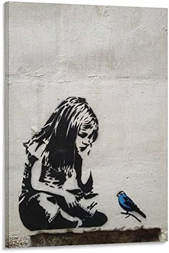 Banksy Graffiti Toile Art Décor Girl with Blue Bird Tableau Pop Art Chambre Enfant Decoratifs Muraux Salon Moderne Decoration Murale (Avec cadre, 30x50cm)