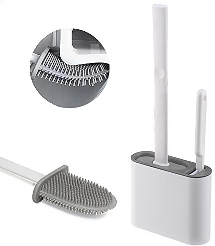 Big cat &kittens Silicone Toilet Brushs Bathroom Toilet Brushe and Holder Sets with No-Slip Long Plastic Handle and Soft Flexible Bristles, Toilet Brushes with Base for Anti-drip (Grey)