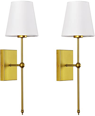 GLADFRESIT Moderne Wandleuchte, 2er-Set, weißer Stoffschirm, Wandleuchte, fest verdrahtet, Innenwand, Nachttischlampe, Badezimmer, Waschtischleuchte, gebürstetes Messing