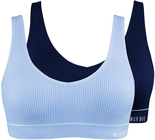 Nur Die 2er Pack Retro Bustier sportlich ohne Bügel bügelloser BH Bra Unterwäsche Damen, Marine/HELLBLAU, M