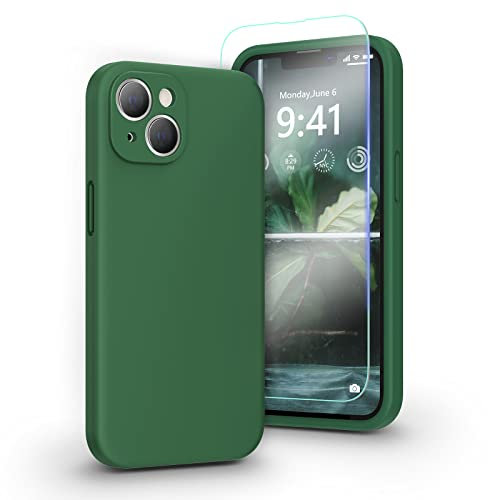 pcgaga Liquid Silicone Case for iPhone 14 Plus with Screen Protector [Camera Protection] [Microfiber Lining] Slim Shockproof Protective Phone Cover, 6.7 Inch, Clover Green
