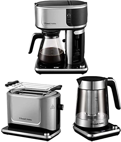 Russell Hobbs Tostadora Attentiv 2 Ranuras Cortas, Táctil, Acero Inoxidable 26210-56 + Hervidor de Agua Eléctrico Attentiv 1,7 litros + Cafetera de Goteo Attentiv, Vaporizador Leche 26230-56