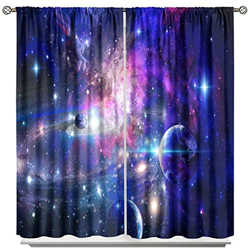 Galaxy Planet Verdunkelungsvorhänge für Kinder, Jungen, Mädchen, Kinderzimmer, Weltraum, Sternenhimmel, großer blauer Planetendruck, dunkler kosmischer Hintergrund, Universum, helle Sterne,