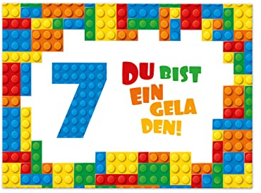 12 Einladungskarten zum 7. Kindergeburtstag Einladung siebte Geburtstag Jungen Bausteine