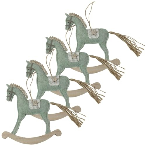 matches21 Hübsche Weihnachtsanhänger Schaukelpferd 4er Set - Vintage Weihnachtsschmuck aus Filz in grün - Deko Schaukelpferde zu Weihnachten 15 x 16 cm