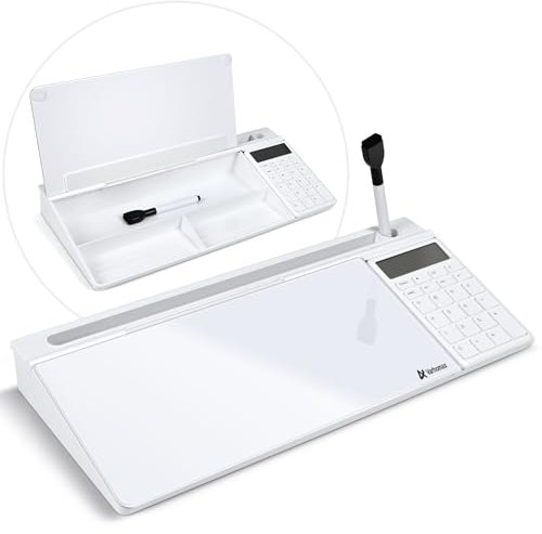 Varhomax Glass Desk Whiteboard with Calculator, Desktop Dry Erase White Board with Storage, to Do List Memo Notepad for Home and Office