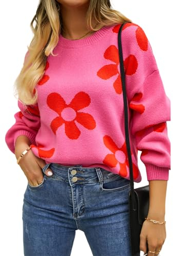 HEYPORK Damen Herbst Winter Warm Bequem Pullover Casual Mode Strickjacke Strickpullover Frauen Bedruckte Pullover Blume Pullover(Rot, M)