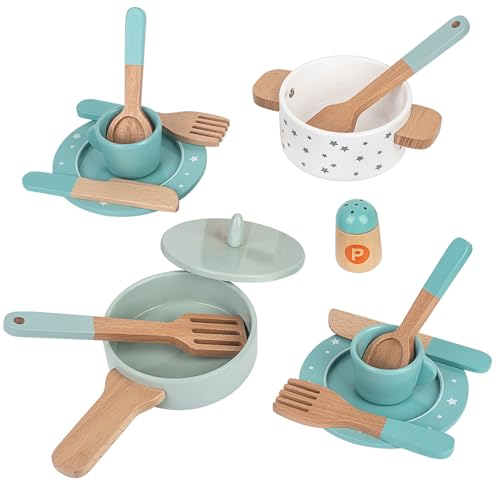 Wooden Toddler Toy Kitchen Pots and Pans, Toy Kitchen Accessories, Role Play Cookware Set, Pretend Play Cooking Simulation Educational Toys for Boys and Girls 3 4 5 6 7 8 Year Olds