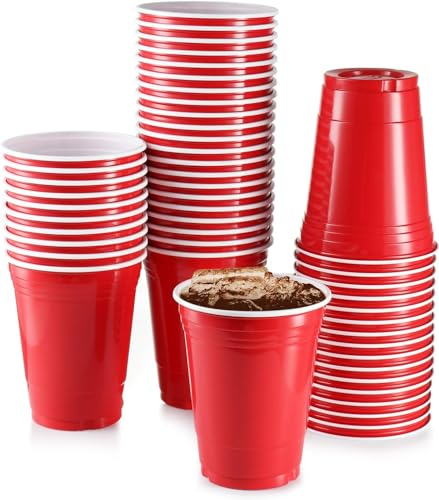 Efforias 100 X 12oz Red Party Cups for Christmas, Garden Party, Weddings, Picnics - Red Plastic Cups Reusable and Recyclable