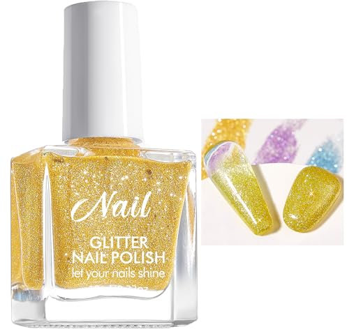 Quick Dry & Long Lasting Glitter Nail Varnish, Non-Toxic Water Based Gel, No UV Glitter Shimmering Nail Art Polish for Women DIY Home Manicure 10ML (Yellow)