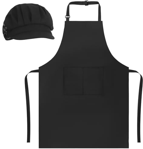 Candcamp Apron and Hat Set for Women Men Adjustable Black Strip Apron with Pockets,Kitchen Bib Chef Outfit for Home Kitchen Cooking Baking Household Cleaning Gardening