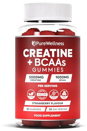 PureWellness Creatine and BCAA Gummies - 5000mg Creatine Monohydrate, 1000mg BCAAs per Serving - Chewable Vegan Sugar Free Gummies, Strawberry Flavour (1 Month Supply)