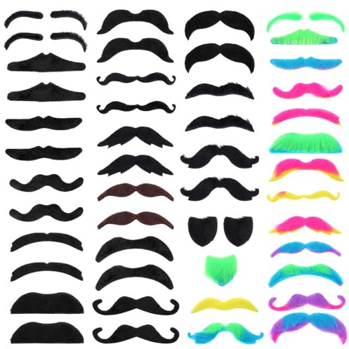 48 Stück Schnurrbart zum Ankleben 16 Stile Selbstklebend Künstlicher Bärte Bunt Gefälschte Schnurrbärte Färben Aufkleber Moustache Kostüm Halloween Maskerade Zubehör Fake Bart Farbe zum Ankleben