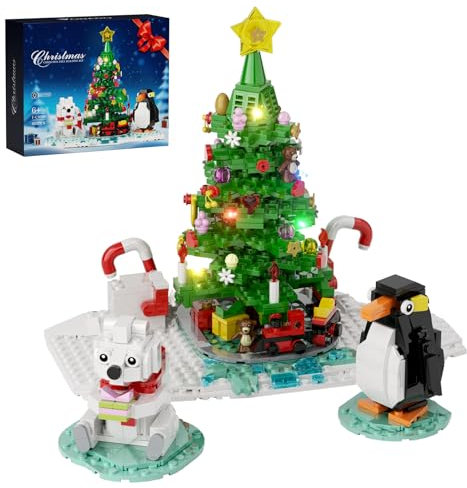 Millionspring Weihnachtsbaum-Baustein-Set mit LED-Licht, Weihnachts-Eisbären im Winter, Pinguin, kleines Eisenbahn-Bauspielzeugmodell, Winter-Geburtstagsgeschenk für Kinder, Erwachsene (802 Teile)
