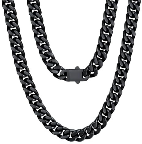 U7 Miami Panzerkette Herren Halskette Schwarz Kette Herren Edelstahl Kette Männer Miami Kubanisch Kette 9mm Breit Gliederkette Miami Metallkette Halsreif Choker Halsschmuck Modeschmuck für Jahrestag