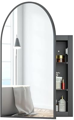 Mepplzian Spiegelschrank Bogen Bad, Schwarz Metallrahmen,50 x 76 cm | Badspiegel mit Schrank, Eingelassen oder Oberflächen montage, Einstellbares gehärtetes Glas, 50 x 12 x 76 cm