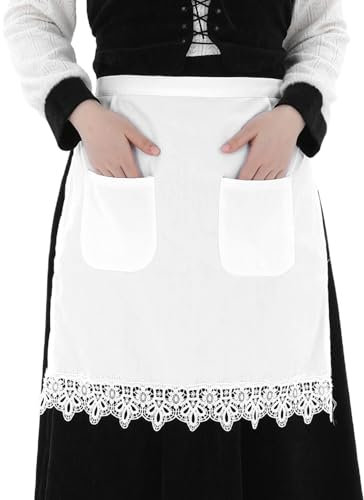 Hariendny Weiße Spitzen Schürze, Halbschürze mit Zwei Taschen, Modische Taillenschürze, Baumwoll-Küchenschürze, Dienstmädchenschürze, Cosplay-Kostüm für Frauen und Mädchen